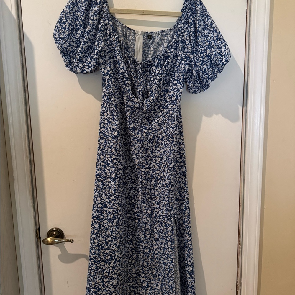 Floral Ditsy Blue Peasant Midi Dress with Slit and Puff Sleeves